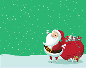 Cute Santa Claus standing in the snow with a bag of gifts. With space for your copy. Royalty free illustration.