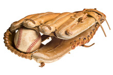 Old Baseball In Leather Mitt Or Glove