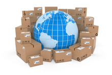 Worldwide Delivery Concept Image - Blue Earth Globe In Stack Of Cardboard Boxes - Elements Of This Image Furnished By NASA