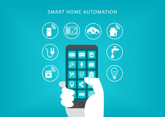 Aufkleber - Smart home automation concept. Vector illustration of hand holding smart phone and connecting to home appliances.