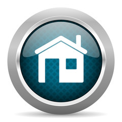 Poster - house blue silver chrome border icon on white background