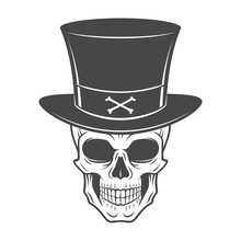 Steampunk Skeleton With High Hat. Smiling Victorian Bandit Logo Template. Wanted Die Or Alive Portrait. High Way Man T-shirt Design