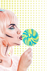 Girl with makeup in the style of pop art and lollipop. Color bac