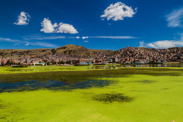 Harbor in Puno with the city in the background, Peru