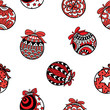 Red and black Christmas balls seamless pattern on white background.