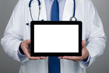 Close Up View Of Doctor Showing Blank Digital Tablet