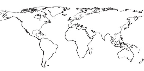 Outline of map of world on white background