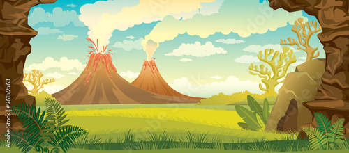 Fotografía Prehistoric landscape with volcanoes.