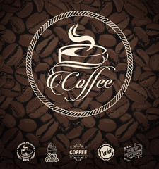 Wall Mural - Vector Coffee Labels Isolated Coffee Beans Seamless Background. Premium Coffee Labels And Badges. Best Coffee Label Designs. Coffee Label Template. Vintage Coffee Labels.  Retro Coffee Shops Badges.