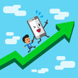 © jaaakworks - Cartoon character smartphone and businessman running on a green arrow