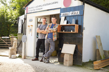 Wall Mural - Portrait Of Stone Mason With Apprentice Outside Workshop