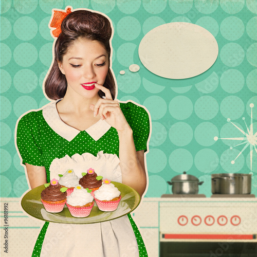 Tapeta ścienna na wymiar Young woman holds sweet cupcakes.Retro poster background