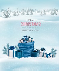 Poster - Christmas background with a winter landscape and blue sack full