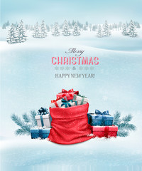 Poster - Christmas background with a winter landscape and a sack full of