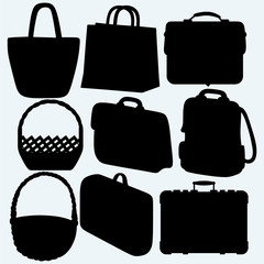 Wall Mural - Different types of bags and baskets. Isolated on blue background. Vector silhouettes