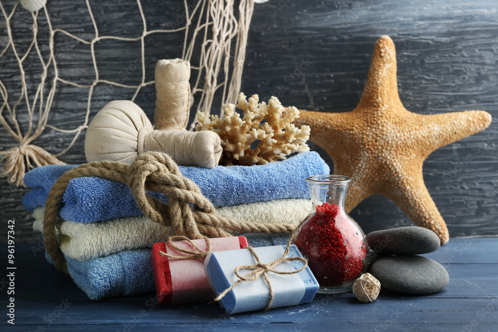 Spa treatments on blue background. Sea spa concept
