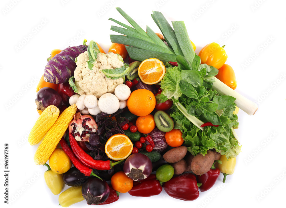 Fruit and vegetable collection on white background