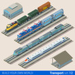 Flat 3d isometric vector train depot railroad railway transport