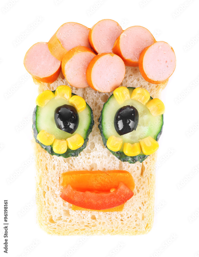 Creative sandwich for a child with funny face isolated on white background