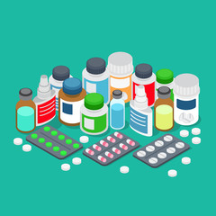 Wall Mural - Pharmaceutics pharmacy drug store pills flat 3d isometric vector