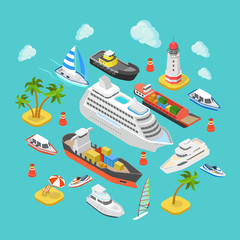 Poster - Ocean nautical water transport logistics flat isometric vector