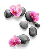 Fototapeta Storczyk - Black spa stones and orchids isolated on white