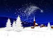 Weihnachtskarte - Winterlandschaft mit Bergdorf - Schnee, Neuschnee. Sternenklarer Himmel mit Sternschnuppe - blauer Hintergrund. Verschneite Tannenbäume im Vordergrund.