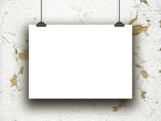 Poster - Single hanged horizontal paper sheet with clips on historical concrete wall background