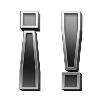 Exclamation mark from black with silver shiny frame alphabet set, isolated on white. Computer generated 3D photo rendering.