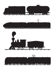 Modern, vintage trains vector black and white icons silhouette