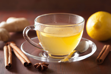 Poster - hot lemon ginger cinnamon tea in glass cup