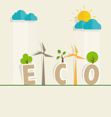 ECO FRIENDLY. Ecology concept with tree background. Vector illus