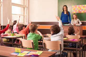 children in elementary school are raised hand in clasroom