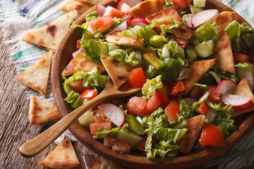 fattoush salad with pita bread and vegetables close up. horizontal
