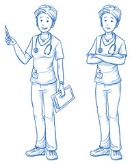 Wall Mural - Happy and sad young female nurse with a clinical thermometer in one hand and a clipboard in the other, in two emotions. Hand drawn cartoon doodle vector illustration.