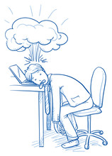 Exhausted Business Man At His Desk With Explosion Over His Head, Concept Of Stress, Burnout, Headache, Depression, Hand Drawn Doodle Vector Illustration