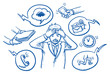 Business man holding his head in pain, surrounded by work icons, concept for stress, burnout, too much work, hand drawn doodle vector illustration