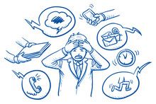 Business Man Holding His Head In Pain, Surrounded By Work Icons, Concept For Stress, Burnout, Too Much Work, Hand Drawn Doodle Vector Illustration