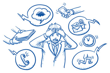 Business man holding his head in pain, surrounded by work icons, concept for stress, burnout, too much work, hand drawn doodle vector illustration