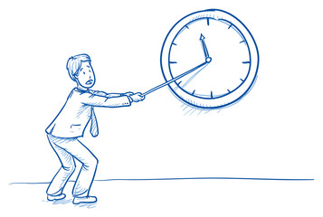 Wall Mural - Business man pulling clock hand, concept for stress, too much work, lack of time, hand drawn doodle vector illustration