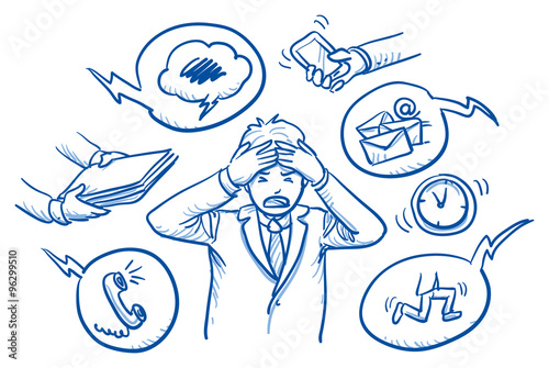 Fotografía Business man holding his head in pain, surrounded by work icons, concept for str
