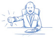Business man, angry boss, sitting at his desk showing dislike, thumb down, hand drawn doodle vector illustration