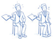 © danielabarreto - Business man sitting on chair with e.g. application document in his hand in two emotions, confident and nervous, hand drawn doodle vector illustration
