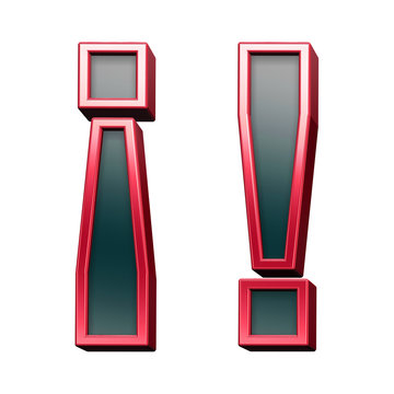 Exclamation mark from black with red shiny frame alphabet set, isolated on white. Computer generated 3D photo rendering.