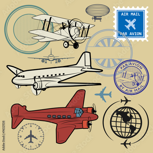 Tapeta ścienna na wymiar Set of air mail and airplane symbols
