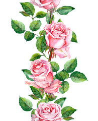 Wall Mural - Watercolor pink rose flowers repeated border frame 