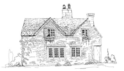 Sticker - Old english stone cottage, sketch collection