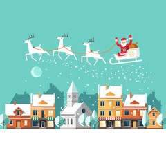  Santa Claus on sleigh and his reindeers. Winter town. Urban winter landscape. Christmas card. Vector illustration, flat style.