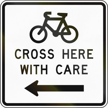 New Zealand road sign - Sign advising cyclist to cross with care