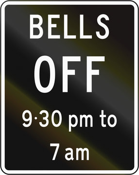 Old version of New Zealand road sign - Warning bells at railway crossing turned off at times displayed